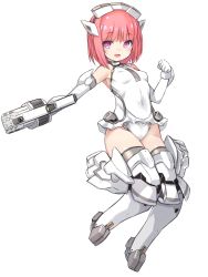 Rule 34 | 1girl, :d, aikawa aika, alice gear aegis, armpit crease, bare shoulders, blush, breasts, elbow gloves, full body, gloves, grey thighhighs, groin, gun, headgear, highres, holding, holding gun, holding weapon, karukan (monjya), leotard, looking at viewer, mecha musume, open mouth, pink hair, purple eyes, simple background, small breasts, smile, solo, thighhighs, weapon, white background, white gloves, white leotard