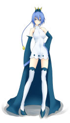 Rule 34 | 1girl, bare shoulders, blue eyes, blue hair, bow, cape, creatures (company), crown, detached sleeves, dress, empoleon, emukon, game freak, gen 4 pokemon, hair bow, hand on own hip, highres, hip focus, legs, long sleeves, matching hair/eyes, nintendo, personification, pokemon, short hair, narrow waist, solo, thighhighs, zettai ryouiki
