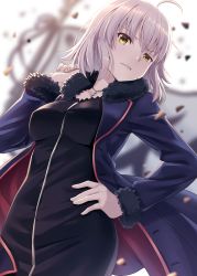 Rule 34 | 1girl, ahoge, black dress, blurry, breasts, coat, cowboy shot, depth of field, dress, fate/grand order, fate (series), flag, fur trim, grey hair, half-closed eye, hand on own hip, hand up, highres, hyuuga azuri, jeanne d&#039;arc (fate), jeanne d&#039;arc alter (fate), jeanne d&#039;arc alter (ver. shinjuku 1999) (fate), large breasts, looking at viewer, official alternate costume, open clothes, open coat, parted lips, short hair, sidelocks, solo, standard bearer, uneven eyes, yellow eyes