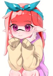 Rule 34 | 1girl, blue bow, blue hairband, bow, bow hairband, closed mouth, commentary request, eyelashes, hair bow, hairband, highres, hood, hoodie, inkling, inkling girl, inkling player character, long hair, looking at viewer, nintendo, pink hoodie, purple eyes, red hair, simple background, sleeves past wrists, smile, solo, splatoon (series), squatting, tentacle hair, two-tone hoodie, vmux3442, white background, yellow hoodie