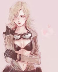 Rule 34 | 1girl, bad id, bad pixiv id, blonde hair, blue eyes, bra, breasts, cleavage, eva (metal gear), gloves, goggles, goggles around neck, light smile, long hair, metal gear (series), metal gear solid 3: snake eater, navel, open clothes, senano-yu, solo, underwear