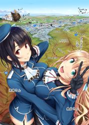 Rule 34 | 3girls, aqua eyes, atago (kancolle), beret, black gloves, black hair, blonde hair, blue hat, blue jacket, blush, breast press, breasts, brown hair, city, closed mouth, day, from above, from behind, garter straps, giant, giantess, gloves, green skirt, hand on own cheek, hand on own face, hat, headgear, hiei (kancolle), highres, hug, ichikawa feesu, jacket, kantai collection, large breasts, long sleeves, looking at viewer, lying, map, mountain, multiple girls, name connection, nontraditional miko, object namesake, open mouth, pantyhose, red eyes, remodel (kantai collection), river, skirt, sky, sleeping, standing, symmetrical docking, takao (kancolle), thighhighs, translated, v
