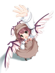 Rule 34 | 1girl, animal ears, arm up, brown eyes, female focus, foreshortening, from above, hat, highres, mystia lorelei, open mouth, outstretched arm, outstretched hand, pink hair, ribbon, short hair, shouji ayumu, smile, solo, team shanghai alice, touhou, waving, wings