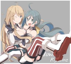 Rule 34 | 2girls, ahoge, asymmetrical legwear, bare shoulders, blonde hair, blue hair, blush stickers, boots, breasts, cosplay, elbow gloves, garter straps, gloves, grey background, grey eyes, grey hair, hair between eyes, hand up, hug, iowa (kancolle), iowa (kancolle) (cosplay), kantai collection, kiyoshimo (kancolle), large breasts, long hair, looking at viewer, low twintails, miniskirt, mismatched legwear, multicolored hair, multiple girls, navel, one eye closed, open mouth, riz (ravel dc), sitting, sitting on lap, sitting on person, skirt, smile, star-shaped pupils, star (symbol), symbol-shaped pupils, thighhighs, twintails, zettai ryouiki