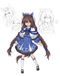Rule 34 | ..., 3girls, animal ears, antenna hair, asymmetrical bangs, beret, black bow, black footwear, blue bow, blue bowtie, blue dress, blunt bangs, bow, bowtie, braid, brown hair, capelet, closed eyes, commentary, concept art, crossed arms, daiwa el cielo (racehorse), daiwa scarlet (umamusume), dress, ear bow, ear covers, fang, frilled dress, frills, fukuro (maruaru00), full body, green eyes, hair between eyes, hair bobbles, hair intakes, hair ornament, hat, hat bow, highres, horse ears, horse girl, horse tail, kneehighs, layered dress, loafers, long hair, low twin braids, multiple girls, open mouth, original, personification, puffy short sleeves, puffy sleeves, sailor collar, sailor shirt, school uniform, shirt, shoes, short sleeves, sidelocks, sketch, socks, solo focus, spoken ellipsis, summer uniform, sweep tosho (umamusume), tachi-e, tail, tiara, tracen school uniform, twin braids, umamusume, very long hair, white capelet, white headwear, white socks, witch hat