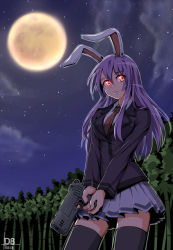 Rule 34 | 1girl, animal ears, bamboo, bamboo forest, black thighhighs, blazer, breasts, ebr-kii, forest, full moon, glowing, glowing eyes, gun, holding, holding gun, holding weapon, jacket, long hair, looking away, moon, nature, pleated skirt, purple hair, rabbit ears, red eyes, reisen udongein inaba, skirt, sky, solo, star (sky), star (symbol), starry sky, thighhighs, touhou, trigger discipline, weapon