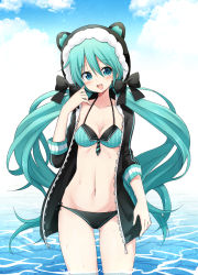 Rule 34 | 1girl, adapted costume, animal hood, aqua eyes, aqua hair, bikini, hatsune miku, highres, hood, hoodie, long hair, md5 mismatch, nail polish, navel, open mouth, project diva (series), project diva x, resolution mismatch, solo, source smaller, sudachi (calendar), swimsuit, twintails, very long hair, vocaloid, wading, water