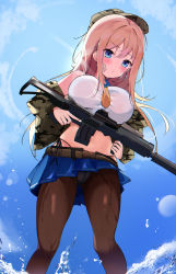 Rule 34 | 1girl, absurdres, backlighting, bandaid, bandaid on cheek, bandaid on face, bare shoulders, belt, black panties, blonde hair, blue eyes, blue skirt, breasts, brown pantyhose, camouflage, camouflage jacket, closed mouth, commission, crop top, frown, green hat, gun, hat, hido (cherryhido), highleg, highleg panties, highres, holding, holding gun, holding weapon, jacket, large breasts, long hair, long sleeves, looking at viewer, midriff, miniskirt, neckerchief, off shoulder, open clothes, open jacket, original, outdoors, panties, pantyhose, peaked cap, pixiv commission, pleated skirt, sailor collar, school uniform, serafuku, shirt, side-tie panties, skirt, sleeveless, sleeveless shirt, solo, standing, stomach, string panties, sunlight, taut clothes, taut shirt, trigger discipline, underwear, water, weapon, wet, white shirt