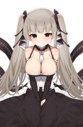 Rule 34 | 1girl, absurdres, azur lane, bad id, bad pixiv id, bare shoulders, between breasts, black bow, black dress, bow, breasts, cleavage, collarbone, detached collar, detached sleeves, dress, flight deck, formidable (azur lane), frilled dress, frills, grey hair, hair bow, highres, large breasts, long hair, long sleeves, looking at viewer, red eyes, sidelocks, smile, solo, topu, twintails, v arms, very long hair