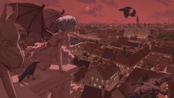 Rule 34 | 1girl, absurdres, barefoot, bat wings, bird, blood, blood on face, blue hair, building, castle, cloud, commentary request, crow, dress, fingernails, from side, full body, full moon, gargoyle, highres, house, lamppost, moon, open mouth, outdoors, pink dress, red eyes, red sky, red theme, remilia scarlet, sharp fingernails, sharp toenails, short hair, short sleeves, sky, solo, squatting, statue, toenails, touhou, town, tree, vampire, wings, youpofen