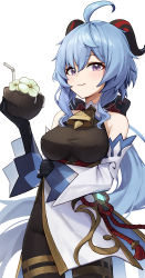 Rule 34 | absurdres, ahoge, arm under breasts, bare shoulders, bell, black gloves, black legwear, blue hair, blush, bodystocking, bodysuit, breasts, chinese knot, coconut, detached sleeves, drink, drinking straw, flower, flower knot, fruit cup, ganyu (genshin impact), genshin impact, gloves, gold trim, highres, holding, holding drink, horns, huhi (huhi 1211), long hair, looking at viewer, medium breasts, neck bell, qingxin flower, sidelocks, smile, solo, standing, tassel, thighlet, very long hair, vision (genshin impact), white background, white flower, white sleeves