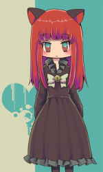 Rule 34 | 1girl, :&lt;, alternate color, alternate costume, alternate hairstyle, animal ears, aqua background, aqua eyes, arms at sides, bell, black dress, blunt bangs, blush, bow, bowtie, cat ears, culotte (hosenrock), dress, expressionless, frilled dress, frills, grey background, kaenbyou rin, long hair, maroon eyes, multicolored eyes, red eyes, red hair, sidelocks, solo, standing, teal background, touhou, two-tone background