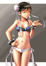 Rule 34 | 1girl, adapted costume, alternate body size, alternate breast size, bare arms, bare shoulders, bikini, black hair, bracelet, breasts, breasts apart, bun cover, capcom, chun-li, cowboy shot, double bun, closed eyes, facing viewer, hand on own hip, jewelry, katahira masashi, legs together, medium breasts, midriff, navel, outside border, petite, short shorts, shorts, side-tie bikini bottom, skinny, small breasts, solo, spiked bracelet, spikes, standing, street fighter, swimsuit, thigh gap, white shorts