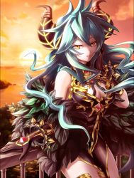 Rule 34 | 1girl, breasts, cleavage, gloves, green hair, groza (shirroneko project), highres, horns, large breasts, long hair, looking at viewer, shironeko project, sunset, water, yellow eyes