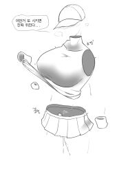 Rule 34 | 1girl, arm at side, baseball cap, blush, breath, clothes lift, covered collarbone, egg vibrator, female focus, greyscale, hand up, hat, invisible, korean text, lifted by self, midriff, miniskirt, monochrome, nose blush, object insertion, original, pleated skirt, pussy juice, selfbuster, shirt, shirt lift, simple background, sketch, skirt, sleeveless, sleeveless shirt, solo, speech bubble, standing, sweat, sweatband, talking, translation request, vaginal, vaginal object insertion, vibrator, white background