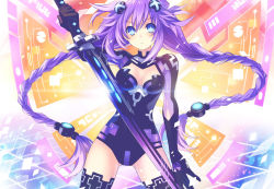 Rule 34 | 10s, 1girl, black thighhighs, blue eyes, blush, bodysuit, braid, breasts, breasts apart, center opening, choujigen action neptune u, cleavage, cleavage cutout, clothing cutout, cowboy shot, cross, emblem, fighting stance, floating hair, glint, gloves, hair ornament, hairdressing, headgear, hip focus, holding, holding weapon, huge weapon, legs apart, leotard, long hair, looking at viewer, magical girl, neon trim, neptune (neptunia), neptune (series), official art, power symbol, power symbol-shaped pupils, purple hair, purple heart (neptunia), red cross, serious, solo, sword, symbol-shaped pupils, thighhighs, tsunako, turtleneck, twin braids, very long hair, weapon