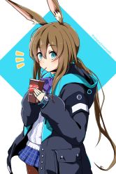 Rule 34 | 1girl, amiya (arknights), animal ear fluff, animal ears, arknights, ascot, bendy straw, black jacket, blue background, blue eyes, blue skirt, blush, brown hair, brown pantyhose, commentary request, cowboy shot, cup, disposable cup, drinking straw, hair between eyes, highres, holding, holding cup, hood, hood down, hooded jacket, jacket, jewelry, long hair, long sleeves, looking at viewer, low ponytail, notice lines, open clothes, open jacket, panikuru yuuto, pantyhose, pleated skirt, ponytail, puffy long sleeves, puffy sleeves, purple ascot, rabbit ears, ring, shirt, skirt, sleeves past wrists, solo, standing, twitter username, two-tone background, very long hair, white background, white shirt