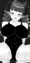 Rule 34 | 1girl, absurdres, animal ears, bare shoulders, barefoot, blush, braid, breasts, cat ears, cleavage, commentary, dark background, extra ears, feet out of frame, greyscale, half-closed eyes, highres, kaenbyou rin, large breasts, long hair, mizuga, monochrome, nose blush, nostrils, one-piece swimsuit, outline, parted lips, pointy ears, solo, spread legs, squatting, swimsuit, symbol-only commentary, touhou, twin braids, very long hair, white outline