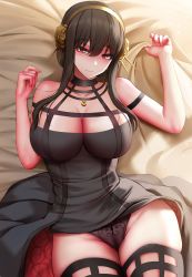 Rule 34 | 1girl, bed sheet, black hair, black panties, blush, breasts, cleavage, commentary, dress, earrings, english commentary, flower, ginhaha, gold earrings, gold hairband, gold headband, hair flower, hair ornament, hairband, highres, huge breasts, jewelry, large breasts, looking at viewer, lying, off-shoulder dress, off shoulder, on back, panties, rose, smile, solo, spy x family, thick thighs, thighs, underwear, yor briar