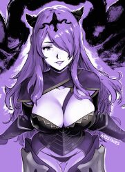 Rule 34 | 1girl, artist name, breasts, camilla (fire emblem), cleavage, commentary, english commentary, fire emblem, fire emblem fates, gauntlets, gluteal fold, hair over one eye, highres, large breasts, long hair, looking at viewer, miss faves, nintendo, panties, purple background, purple eyes, purple hair, solo, swept bangs, thong, tiara, underwear