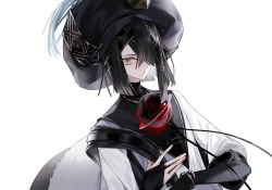 Rule 34 | 1girl, :|, black hair, black hat, bracelet, breasts, bridal gauntlets, brown eyes, chinese clothes, closed mouth, commentary request, doll, expressionless, fate/grand order, fate (series), hair over one eye, hat, jewelry, long sleeves, looking at viewer, mole, mole under eye, robe, serious, short hair, simple background, small breasts, solo, space xu fu (fate), to0folder80, upper body, white background, white robe, xu fu (fate), yu mei-ren (fate)