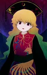 Rule 34 | 1girl, belt, black belt, black dress, black hat, black sleeves, blonde hair, blue background, bow, bowtie, chinese clothes, crescent, dress, green hair, hair between eyes, hat, highres, junko (touhou), long hair, long sleeves, multicolored background, multicolored hair, open mouth, phoenix crown, pom pom (clothes), purple background, red background, red eyes, red vest, rei (tonbo0430), smile, solo, tabard, touhou, vest, yellow bow, yellow bowtie