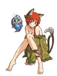 Rule 34 | 1girl, animal ears, ankle lace-up, bad id, bad pixiv id, bare legs, bare shoulders, barefoot, blush, bow, braid, cat ears, cat girl, cat tail, cross-laced footwear, feet, female focus, full body, hair bow, kaenbyou rin, looking at viewer, monochrome, multiple tails, nekomata, no pants, object on head, off shoulder, panties, panties on head, partially undressed, red eyes, red hair, seductive smile, shibasaki shouji, short hair, simple background, sitting, smile, solo, steam, striped clothes, striped panties, tail, touhou, twin braids, underwear, unworn panties, whiskers, white background
