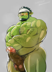 Rule 34 | 1boy, body hair, censored, colored skin, cowboy shot, crossed arms, cum, erection, from below, green skin, headband, looking at viewer, male focus, marunoutisa, mosaic censoring, muscular, nude, orc, original, pectorals, penis, pointy ears, solo, standing, testicles