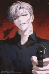 Rule 34 | 1boy, aiming, aiming at viewer, black eyes, black shirt, blood, blood on clothes, blood on face, blood on neck, collared shirt, gun, highres, ilay riegrow, light smile, male focus, parted lips, passion (manhwa), pointing gun, red background, shirt, solo, teeth, twitter username, upper body, weapon, whiteislife 4