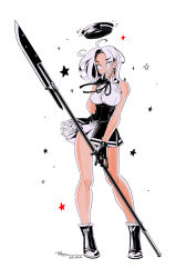Rule 34 | 1girl, boots, breasts, callan (callancoe), closed mouth, dated, eyes visible through hair, frilled skirt, frills, full body, glaive (polearm), gloves, halo, high-waist skirt, holding, holding polearm, holding weapon, kantai collection, large breasts, mechanical halo, medium hair, neck ribbon, polearm, ribbon, signature, simple background, skirt, sleeveless, solo, standing, star (symbol), tatsuta (kancolle), tatsuta kai ni (kancolle), weapon