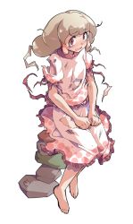 Rule 34 | 1girl, alphes (style), barefoot, blonde hair, blush, commentary request, dairi, earlobes, ebisu eika, frilled shirt, frilled skirt, frilled sleeves, frills, full body, greek toe, hands on lap, long earlobes, long hair, looking at viewer, open mouth, parody, puffy short sleeves, puffy sleeves, red eyes, rock, rock balancing, shirt, short sleeves, sitting, skirt, skirt set, solo, style parody, tachi-e, tears, toes, torn clothes, torn shirt, torn skirt, touhou, transparent background