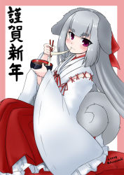 Rule 34 | 1girl, animal ears, bad id, bad pixiv id, blunt bangs, blush, border, bowl, chopsticks, closed mouth, commentary request, dog ears, dog tail, eating, grey hair, hakama, hakama skirt, happy new year, holding, japanese clothes, kurotsutsuki, long hair, long sleeves, looking at viewer, new year, original, pink border, purple eyes, red hakama, simple background, sitting, skirt, solo, tail, white background, wide sleeves