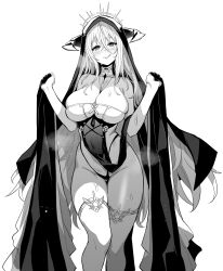 Rule 34 | 1girl, azur lane, azur lane: slow ahead, bare shoulders, breasts, cleavage, covered navel, greyscale, groin, habit, highres, hori (hori no su), implacable (azur lane), large breasts, licking lips, long bangs, long hair, looking at viewer, monochrome, nun, official art, revealing clothes, simple background, solo, thighhighs, thighs, thong, tongue, tongue out, veil, very long hair, white background