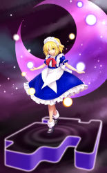 Rule 34 | 1girl, blonde hair, crescent, crescent moon, female focus, lotus land story, maid, maid headdress, mary janes, moon, mugetsu (touhou), serene (gusarme), shoes, short hair, smile, solo, touhou, touhou (pc-98), yellow eyes