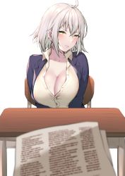 Rule 34 | 1girl, ahoge, alternate costume, blazer, blush, breasts, cleavage, collarbone, collared shirt, commentary request, desk, fate/grand order, fate (series), hair between eyes, have to pee, highres, itohana, jacket, jeanne d&#039;arc (fate), jeanne d&#039;arc alter (avenger) (fate), jeanne d&#039;arc alter (fate), large breasts, looking at viewer, parted lips, partially unbuttoned, shirt, short hair, silver hair, simple background, sitting, solo, white background, white shirt, yellow eyes