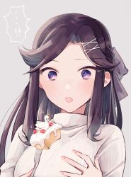 Rule 34 | !, !!, ..., 1girl, :o, bird, blush, bow, breasts, brown hair, cake, cake slice, commentary, crown, fingernails, food, fork, grey background, grey bow, hair bow, hair ornament, half updo, hands up, highres, holding, holding fork, long hair, long sleeves, looking at food, medium breasts, nose blush, parted bangs, parted lips, purple eyes, ribbed sweater, shoujo kageki revue starlight, sidelocks, simple background, solo, sparkle, speech bubble, spoken ellipsis, spoken exclamation mark, swan, sweatdrop, sweater, tendou maya, turtleneck, turtleneck sweater, wato (ko), white sweater, x hair ornament