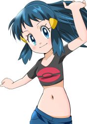 Rule 34 | 1girl, blue eyes, blue hair, blush, breasts, creatures (company), crop top, curvy, dawn (pokemon), female focus, game freak, hainchu, looking at viewer, midriff, navel, nintendo, pokemon, pokemon (anime), pokemon dppt (anime), ponytail, shiny skin, small breasts, smile, solo