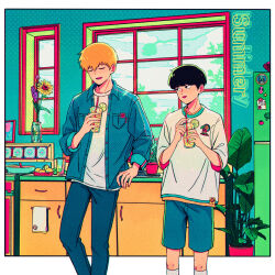 Rule 34 | 2boys, absurdres, black hair, blonde hair, blue shorts, closed eyes, cm wm, commentary request, cup, drink, drinking straw, ekubo (mob psycho 100), english text, flower, highres, holding, holding cup, indoors, kageyama shigeo, long sleeves, looking at another, male focus, mob psycho 100, multiple boys, open mouth, pants, plant, potted plant, reigen arataka, shirt, short hair, shorts, smile, spirit, standing, white shirt, window
