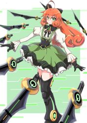 Rule 34 | 1girl, alternate hair length, alternate hairstyle, android, artist request, boots, bow, gloves, green eyes, highres, joints, long hair, orange hair, penny polendina, ribbon, robot joints, rwby, skirt, thigh boots, thighhighs, weapon