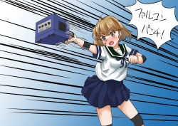 Rule 34 | 1girl, bandaid, bandaid on face, blue sailor collar, blue skirt, brown eyes, brown hair, commentary request, elbow pads, game console, gamecube, holding, kantai collection, knee pads, nintendo, oboro (kancolle), open mouth, pleated skirt, punching, sailor collar, school uniform, senon, serafuku, short hair, skirt, solo, speed lines