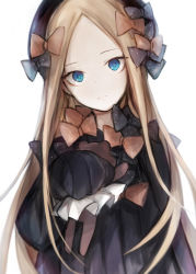 Rule 34 | 1girl, abigail williams (fate), black bow, black dress, black hat, blonde hair, blue eyes, bow, bug, butterfly, closed mouth, commentary request, dress, fate/grand order, fate (series), forehead, hair bow, hasunokaeru, hat, head tilt, holding, holding stuffed toy, insect, long hair, long sleeves, looking at viewer, orange bow, parted bangs, polka dot, polka dot bow, simple background, sleeves past wrists, solo, stuffed animal, stuffed toy, teddy bear, very long hair, white background
