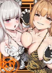 Rule 34 | 2girls, :o, absurdres, animal ears, animal print, asymmetrical docking, bikini, blush, breast press, breasts, brown eyes, brown hair, chinese zodiac, claw pose, fang, fur-trimmed gloves, fur trim, gloves, grin, highres, large breasts, long hair, looking at viewer, mole, mole on breast, mole under mouth, multiple girls, original, pink eyes, ramanda, smile, swimsuit, take your pick, thighhighs, tiger ears, tiger print, white bikini, white hair, white legwear, year of the tiger, yellow bikini, yellow gloves, yellow legwear