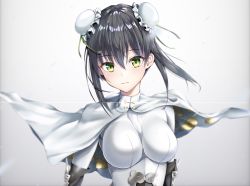 Rule 34 | 1girl, black hair, blurry, bodysuit, breasts, capelet, chinese clothes, double bun, elbow gloves, fate/grand order, fate (series), gloves, green eyes, hair between eyes, hair bun, high collar, highres, looking at viewer, medium breasts, momonoko noko, qin liangyu (fate), sidelocks, simple background, smile, solo, upper body, white capelet
