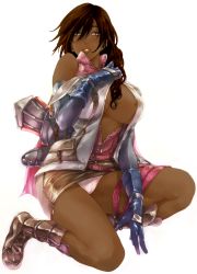 Rule 34 | 10s, 1girl, areola slip, bare legs, bare shoulders, belt, blue gloves, boots, breasts, cleavage, dark-skinned female, dark skin, elbow gloves, female focus, final fantasy, final fantasy xiii, gloves, huge breasts, kneeling, large breasts, lightning farron, long hair, looking at viewer, maimu, miniskirt, nipples, no bra, on one knee, open clothes, open shirt, panties, pantyshot, parted lips, partially unzipped, simple background, sitting, skirt, solo, squatting, thigh strap, third-party edit, underwear, unzipped, upskirt, white background, white panties