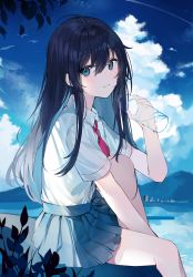 Rule 34 | 1girl, aroa (aroamoyasi), bird, black hair, blue eyes, bottle, closed mouth, cloud, cloudy sky, collared shirt, commentary, english commentary, highres, knee to chest, long hair, looking at viewer, necktie, original, outdoors, pleated skirt, red necktie, school uniform, shirt, short sleeves, sitting, skirt, sky, solo, uniform, white shirt