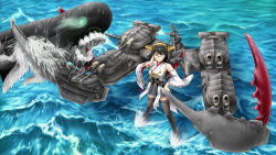 Rule 34 | 10s, 1girl, abyssal ship, adjusting eyewear, armor girls project, black footwear, black hair, boots, detached sleeves, glasses, green-framed eyewear, hairband, hand on own hip, headgear, i-class destroyer, japanese clothes, kantai collection, kirishima (kancolle), machinery, majin go!, nontraditional miko, remodel (kantai collection), ribbon-trimmed sleeves, ribbon trim, short hair, skirt, thigh boots, thighhighs, turret, water, waves, zettai ryouiki