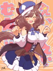 Rule 34 | 1girl, absurdres, animal ears, belt pouch, blush, breasts, brown background, brown hair, clenched hands, closed eyes, clothing cutout, commentary request, dancing, hair between eyes, hair ornament, hairclip, hat, highres, horse ears, horse girl, horse tail, jimo jimon, matikane tannhauser (umamusume), medium breasts, pouch, shoulder cutout, simple background, solo, tail, umamusume