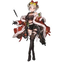 Rule 34 | 1girl, ammunition, bare shoulders, bell, belt, black footwear, black gloves, black shorts, black thighhighs, blonde hair, blush, boots, bow, breasts, buckle, bullet, bullpup, choker, closed mouth, coat, coat lift, collarbone, crossed legs, double bun, eyewear on head, fn 5.7x28mm, full body, fur-trimmed coat, fur trim, gas mask, girls&#039; frontline, gloves, gun, hair bow, hair bun, hair ornament, high heel boots, high heels, horizontal magazine, jingle bell, lm7 (op-center), looking at viewer, mask, off shoulder, official alternate costume, official art, open clothes, open coat, p90, p90 (girls&#039; frontline), p90 (scarlet turbo) (girls&#039; frontline), pdw cartridge, personal defense weapon, red bow, red coat, red eyes, see-through, short shorts, shorts, smile, snap-fit buckle, solo, standing, star (symbol), star hair ornament, strap, strapless, submachine gun, sunglasses, sunglasses on head, thigh boots, thigh strap, thighhighs, thighhighs under boots, translucent, transparent background, tube top, watson cross, weapon