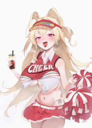 Rule 34 | 1girl, blonde hair, blush, breasts, bubble tea, clay (nikke), crop top, goddess of victory: nikke, hair intakes, hair ornament, hairclip, heart, heart-shaped pupils, holding, large breasts, long hair, looking at viewer, midriff, navel, open mouth, pink eyes, red shirt, red skirt, rikuhito juusan, shirt, skirt, solo, symbol-shaped pupils, tongue, tongue out, twintails, two-tone shirt, two-tone skirt, underboob, visor cap, white shirt
