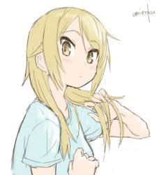 Rule 34 | 1girl, blonde hair, blue shirt, closed mouth, from side, hair over shoulder, ichii yui, long hair, looking at viewer, messy hair, shirt, short sleeves, signature, simple background, solo, umiroku, upper body, white background, yellow eyes, yuyushiki